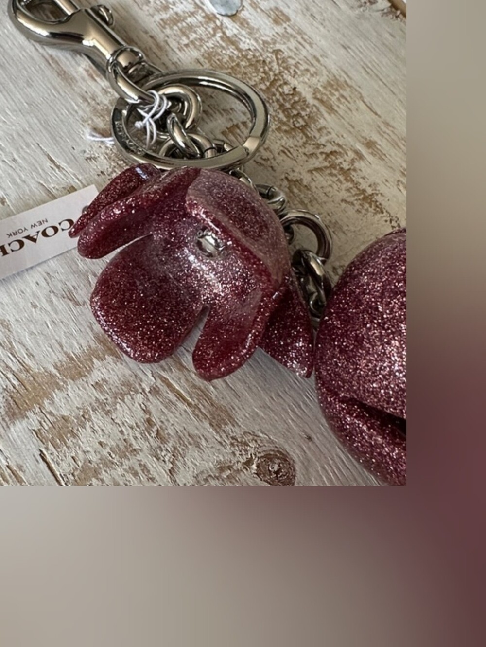 Coach Pink Glitter Floral Keyring Charm with Silver Hardware - Picture 4 of 6